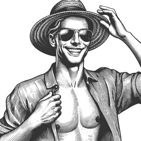 man wearing sunglasses and a straw hat, symbolizing vacation, summer, and carefree joy sketch engraving fictional character raster illustration. Scratch board. Black and white image.の写真素材