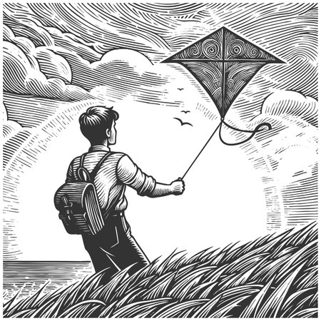 boy with a backpack flying a kite in a grassy field under a dramatic sky sketch engraving fictional character raster illustration. Scratch board imitation. Black and white image.の写真素材