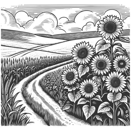 rural path lined with blooming sunflowers, fields, and dramatic clouds overhead sketch engraving raster illustration. Scratch board imitation. Black and white image.の写真素材
