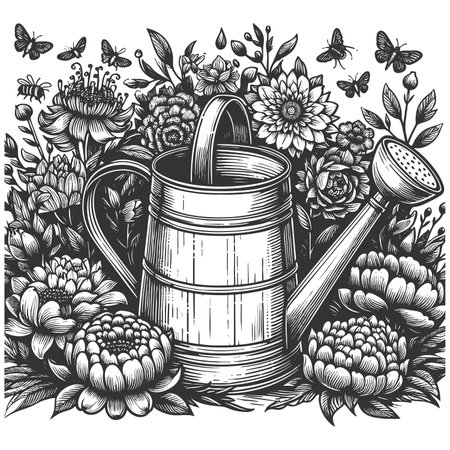 metal watering can surrounded by blooming flowers and buzzing bees, evoking a garden scene sketch engraving raster illustration. Scratch board imitation. Black and white image.の写真素材