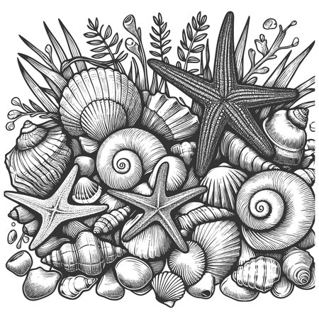 seashells, starfish, and beach elements arranged in a natural coastal composition sketch engraving raster illustration. Scratch board imitation. Black and white image.の写真素材