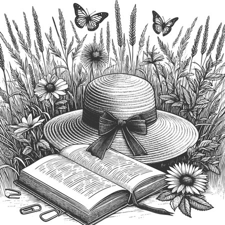 straw hat, open book, flowers, and butterflies in a wheat field, evoking nostalgic summer vibes sketch engraving raster illustration. Scratch board imitation. Black and white image.の写真素材