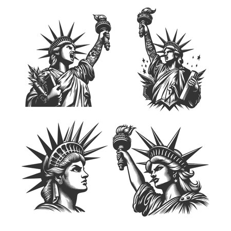 Statue of Liberty Set collection bundle sketch engraving raster illustration. Scratch board imitation. Black and white image.の写真素材