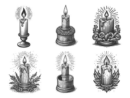candles in decorative holders with floral and holiday motifs Set collection bundle sketch engraving raster illustration. Scratch board imitation. Black and white image.の写真素材