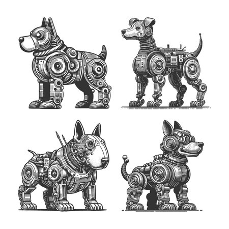 Robotic Dog Set collection bundle sketch engraving raster illustration. Scratch board imitation. Black and white image.の写真素材