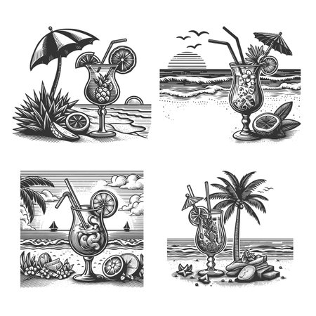 Tropical Cocktl Set collection bundle sketch engraving raster illustration. Scratch board imitation. Black and white image.の写真素材