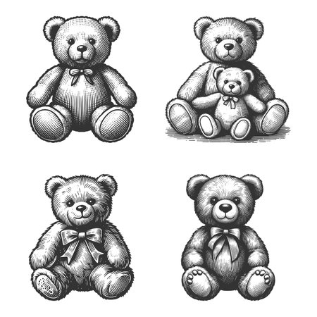 Teddy Bear Set collection bundle sketch engraving raster illustration. Scratch board imitation. Black and white image.の写真素材