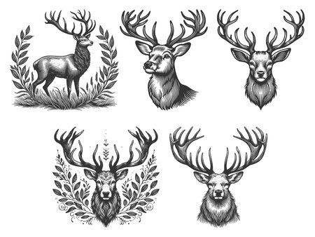 Deer and Stags Set collection bundle sketch engraving raster illustration. Scratch board imitation. Black and white image.の写真素材