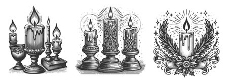 candles in decorative holders with floral and holiday motifs Set collection bundle sketch engraving raster illustration. Scratch board imitation. Black and white image.の写真素材