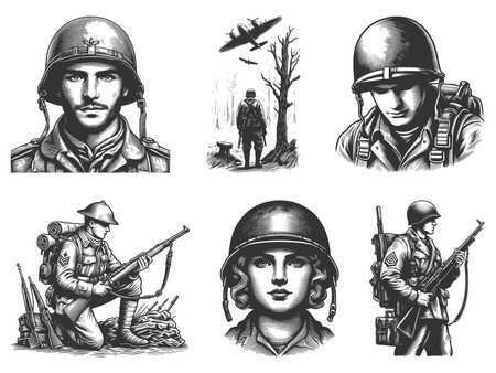 soldier Set collection bundle sketch engraving raster illustration. Scratch board imitation. Black and white image.の写真素材