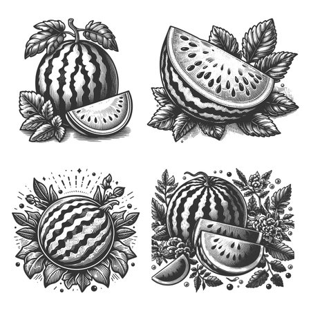 Watermelon Set collection bundle sketch engraving raster illustration. Scratch board imitation. Black and white image.の写真素材