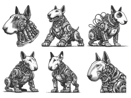 Robotic Dog Set collection bundle sketch engraving raster illustration. Scratch board imitation. Black and white image.の写真素材