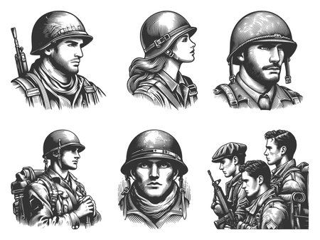 soldier Set collection bundle sketch engraving raster illustration. Scratch board imitation. Black and white image.の写真素材