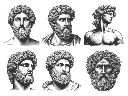 ancient statue Greco-Roman busts and sculptures Set collection bundle sketch engraving raster illustration. Scratch board imitation. Black and white image.の写真素材