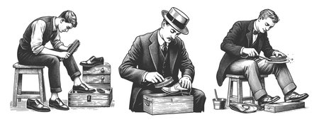 men polishing shoes using brushes and polish kits Set collection bundle sketch engraving raster illustration. Scratch board imitation. Black and white image.の写真素材