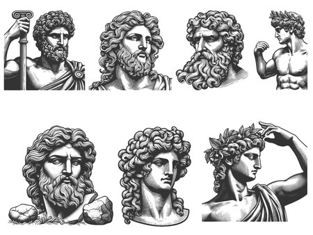 ancient statue Greco-Roman busts and sculptures Set collection bundle sketch engraving raster...