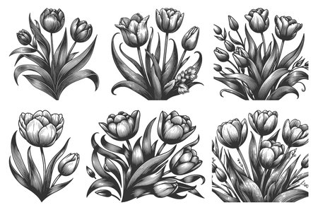 Blooming Tulips Set collection bundle sketch engraving raster illustration. Scratch board imitation. Black and white image.の写真素材