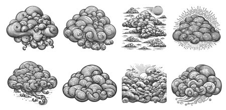 Cloud Set collection bundle sketch engraving raster illustration. Scratch board imitation. Black and white image.の写真素材