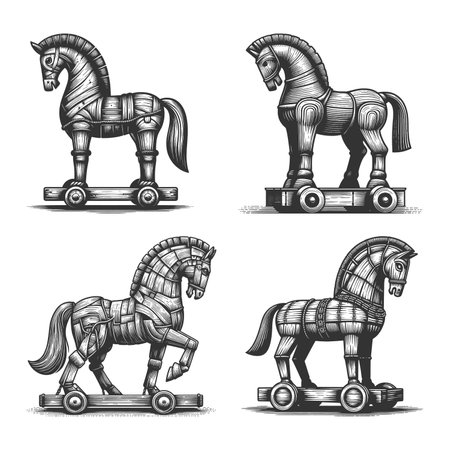 Trojan Horse Set collection bundle sketch engraving raster illustration. Scratch board imitation. Black and white image.の写真素材