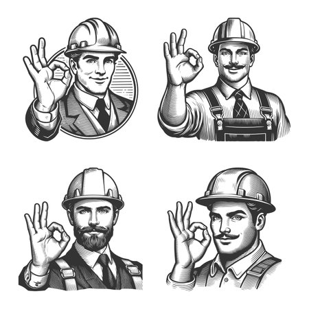 construction workers in hard hats showing an OK hand gesture, symbolizing approval and safety Set collection bundle sketch engraving raster illustration. Scratch board. Black and white.の写真素材