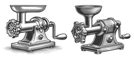 meat grinder Set collection bundle sketch engraving raster illustration. Scratch board imitation. Black and white image.の写真素材