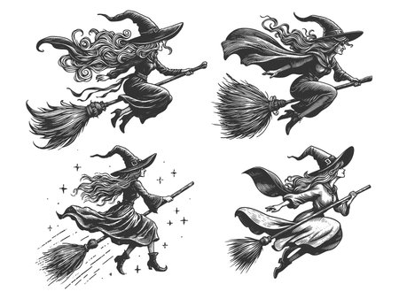 witch in pointed hat flying on broomstick Set collection bundle sketch engraving raster illustration. Scratch board imitation. Black and white image.の写真素材