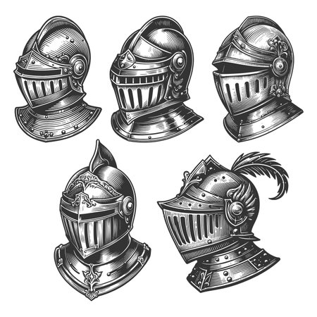 Medieval Knight Helmet Set collection bundle sketch engraving raster illustration. Scratch board imitation. Black and white image.の写真素材