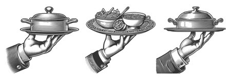 hands holding serving trays with covered dishes and bowls Set collection bundle sketch engraving vector illustration. Scratch board imitation. Black and white image.のイラスト素材