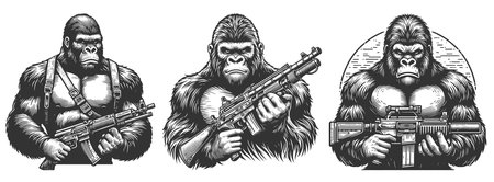 gorillas wielding rifles in an aggressive, militant pose Set collection bundle sketch engraving raster illustration. Scratch board imitation. Black and white image.の写真素材