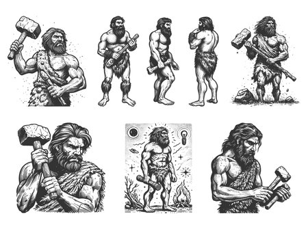 caveman Set collection bundle sketch engraving raster illustration. Scratch board imitation. Black and white image.の写真素材