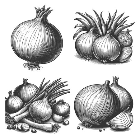 onions, scallions, and garlic bulbs Set collection bundle sketch engraving raster illustration. Scratch board imitation. Black and white image.の写真素材
