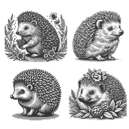 cute hedgehogs in various poses Set collection bundle sketch engraving raster illustration. Scratch board imitation. Black and white image.の写真素材