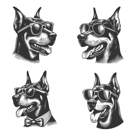 Doberman dogs wearing sunglasses Set collection bundle sketch engraving vector illustration. Scratch board imitation. Black and white image.のイラスト素材
