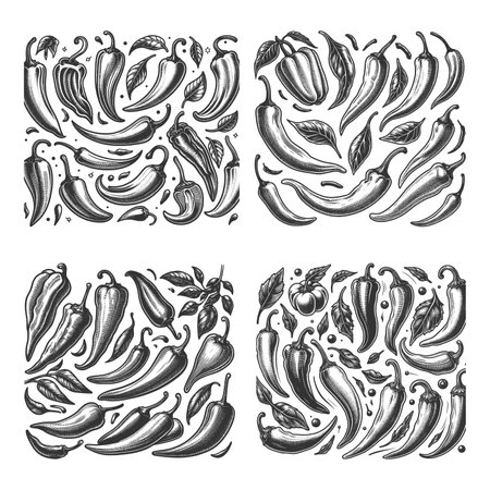 Chili Pepper Set collection bundle sketch engraving raster illustration. Scratch board imitation. Black and white image.の写真素材