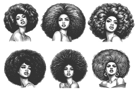 woman with large Afro hrstyle set collection, beauty, confidence, bold fashion sketch engraving fictional character raster illustration. Scratch board imitation. Black and white image.の写真素材