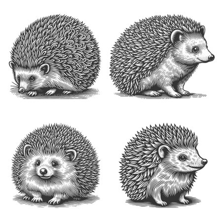 cute hedgehogs in various poses Set collection bundle sketch engraving vector illustration. Scratch board imitation. Black and white image.のイラスト素材
