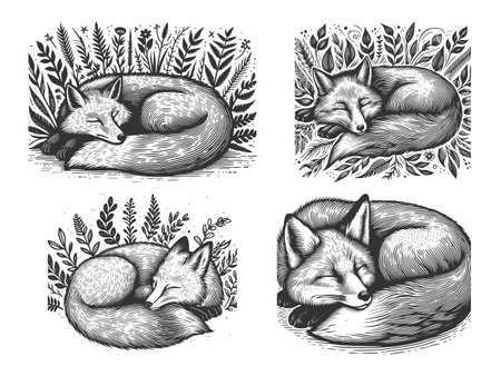 Sleeping Fox Set collection bundle sketch engraving vector illustration. Scratch board imitation. Black and white image.のイラスト素材