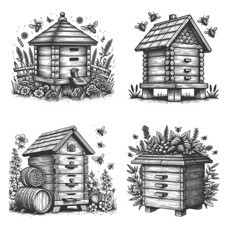 beehive Set collection bundle sketch engraving vector illustration. Scratch board imitation. Black and white image.のイラスト素材