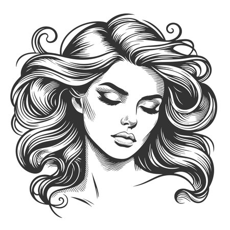 woman with eyes closed and long, wavy hr blowing in the wind, evoking elegance and calm sketch engraving fictional character raster illustration. Scratch board. Black and white image.の写真素材