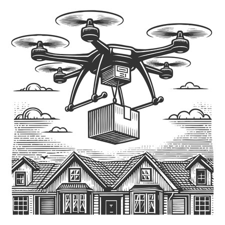 drone flying above suburban houses while delivering a package, symbolizing modern logistics sketch engraving raster illustration. Scratch board imitation. Black and white image.の写真素材
