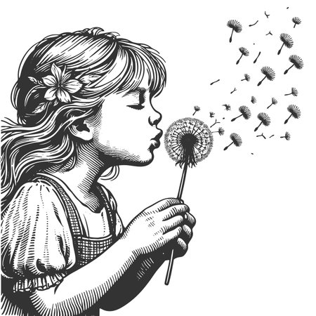 Girl blowing a dandelion, symbolizing wishes, freedom, and the fleeting nature of time sketch engraving fictional character raster illustration. Scratch board. Black and white image.の写真素材