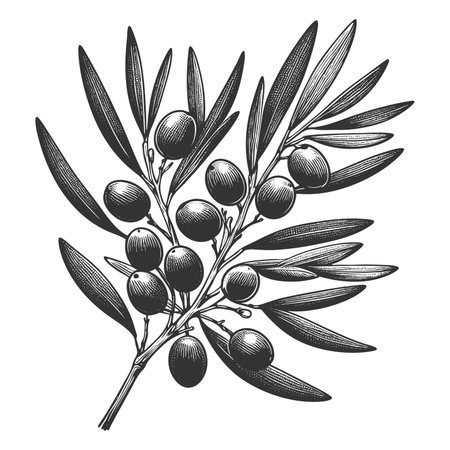 olive branch with ripe olives plant food sketch engraving raster illustration. Scratch board imitation. Black and white image.の写真素材