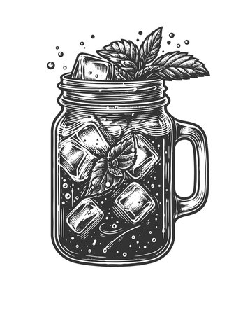 mason jar filled with lemon slices, ice cubes, and mint leaves, evoking summer freshness sketch engraving raster illustration. Scratch board imitation. Black and white image.の写真素材