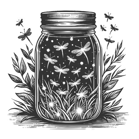 glowing fireflies inside a mason jar surrounded by leaves, with stars twinkling in the night sky sketch engraving raster illustration. Scratch board imitation. Black and white image.の写真素材