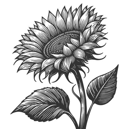 blooming sunflower with intricate detl, ideal for botanical art and natural designs sketch engraving raster illustration. Scratch board imitation. Black and white image.の写真素材