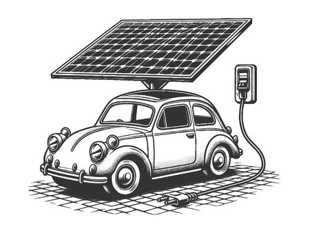 vintage car connected to solar-powered electric charging station, blending history and clean energy sketch engraving raster illustration. Scratch board imitation. Black and white image.の写真素材