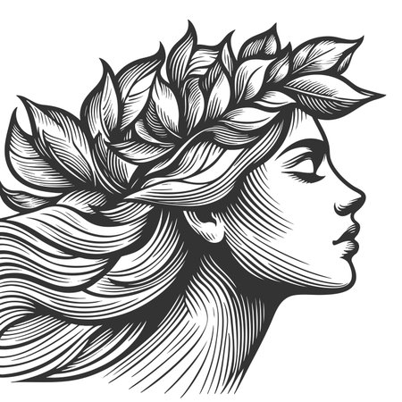woman in profile wearing a laurel wreath, symbolizing victory, beauty, and classical mythology sketch engraving raster illustration. Scratch board imitation. Black and white image.の写真素材