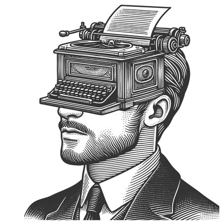 man in a suit with a typewriter for a head, symbolizing creativity or writing obsession sketch engraving fictional character raster illustration. Scratch board. Black and white image.の写真素材