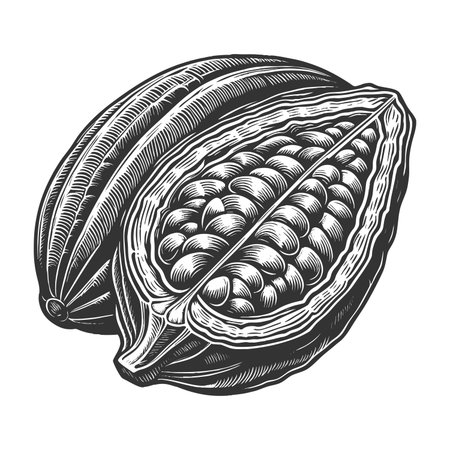 cacao pod showing cocoa beans inside, drawn in detled vintage engraving style for food and botanical themes sketch engraving raster illustration. Scratch board. Black and white image.の写真素材