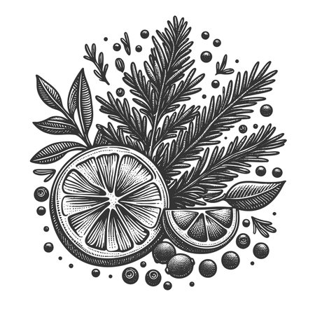 Citrus and Herbs sketch engraving raster illustration. Scratch board imitation. Black and white image.の写真素材